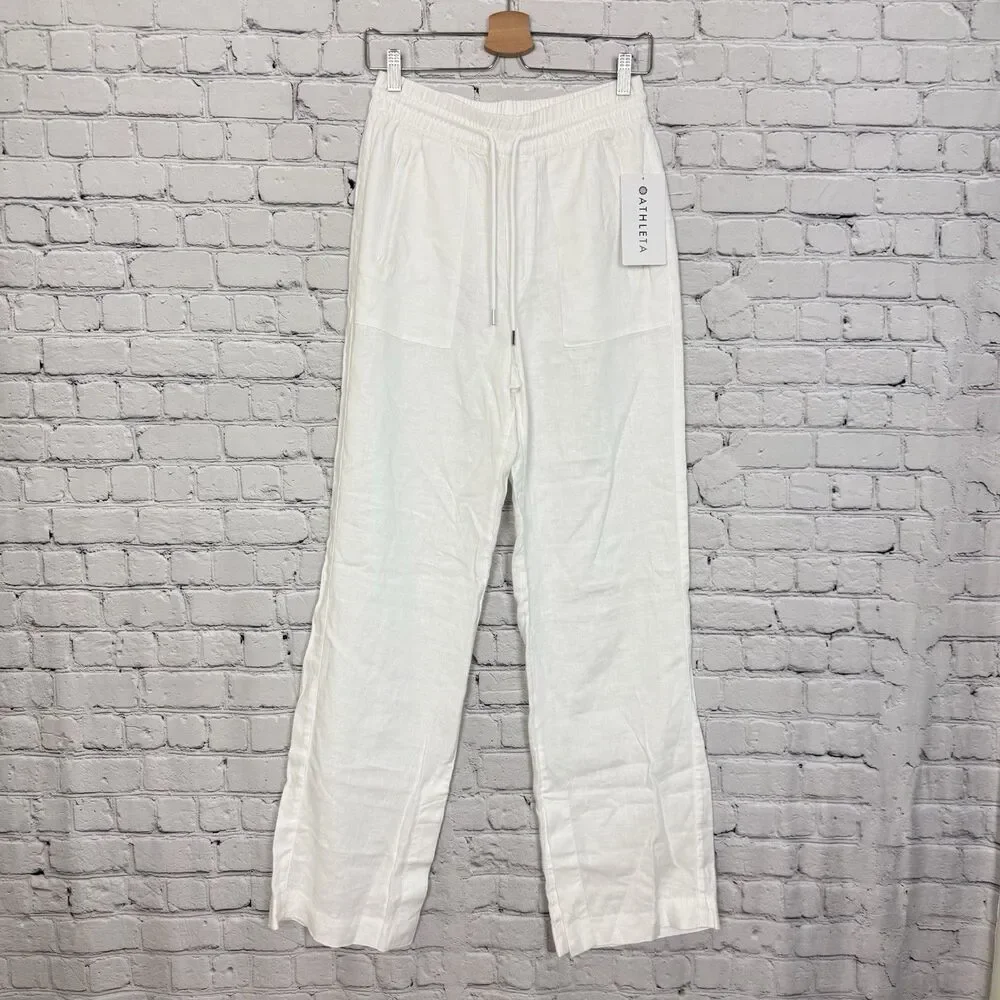 Athleta Retreat Linen High Rise Wide Leg Pants White Womens XS Split Leg Hem NWT